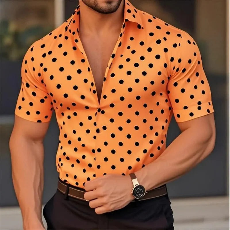 Men's Short Sleeve Button Shirt Polka Dot Lapel Fashion Design
